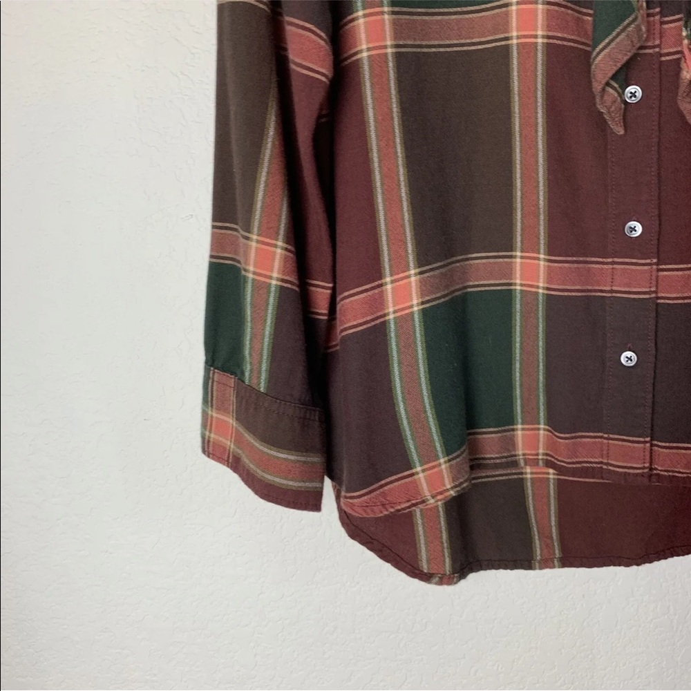Madewell Burgundy Brown and Green Plaid Button-Down Tie-Neck Shirt - Picture 7 of 7